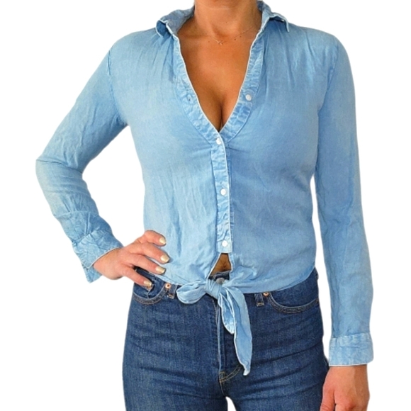 Style Envy Button Up Twist Hem Long Sleeve Blouse Small Light Blue - Picture 5 of 5